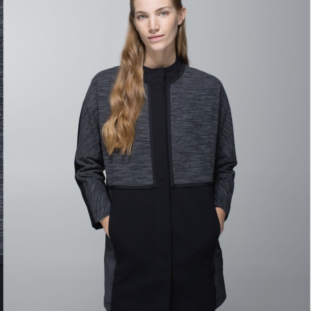 Lululemon Cocoon Car Coat Shine Dot Blk / Diamond Jacquard Space Dye Blk coal